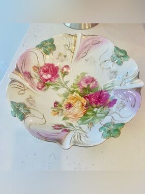 Antique PS Bavaria Schumann Germany 10” Porcelain Floral Centerpiece Bowl Gold